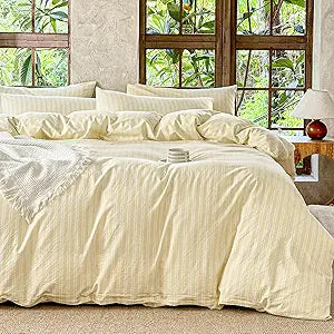 Yellow Striped Duvet Cover Set 100% Washed Cotton Linen Like Soft Feelling Breathable Bedding(Light Yellow/White Strip,Full)