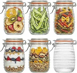 6-Pack Glass Mason Jars with Airtight Clip Top Lids, 32 oz Wide Mouth Canning Jars for Meal Prep, Pickling, and Kitchen Storage - Leakproof Storage Containers for Coffee Beans, Jam, Salad