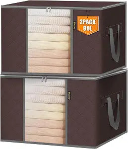 BALEINE 2 Pack Clothes Storage Bags, 24 Gallon Storage Containers with Reinforced Handle, Sturdy Zipper, Closet Organizer for Blanket, Comforter, Pillow, Bedding (Brown, 2 Pack)