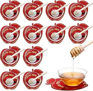 Newtay 12 Sets Apple Shaped Honey Dish with Dipping Spoon Spring Decoration Acrylic Apple Honey Dish with Stick for Holiday Gift Table Decorations, Red