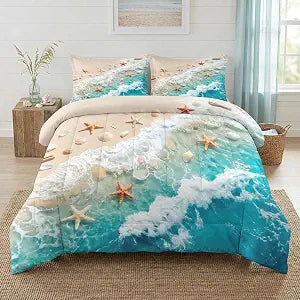 Nesker Queen Comforter Set 3 Pcs, Beach Starfish Seashell Bedding for Kids and Adults, Coastal Ocean Summer Bed Set for All Season, Comforter with 2 Pillowcases for Bedroom Bed Decor