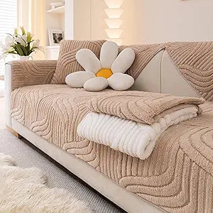Solid Soft Couch Cover Washable, Non Slip Plush Sectional Sofa Covers for 3 Cushion Couch Sofa L Sharped Sofa Slipcover, Furniture Protector for Pets (1 PCS 36"x94" Coffee)