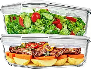 2 Pack 78 Oz / 9.8 Cups Large Glass Food Storage Containers with Lids, Meal Prep Containers for Baking, Serving, Glass Storage Container, BPA Free, Leakproof, Freezer, Microwave/Oven Safe
