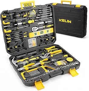 KELIN 155-Piece Household Hand Tool Set with Toolbox, Portable Home Repair Tool Kit for Garage, Car, DIY Includes Ratcheting Screwdriver, Sockets, Pliers, Hammer, Level, Tape Measure & More