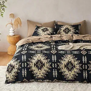Wake In Cloud - Western Comforter Set, Boho Southwestern Rustic Farmhouse Style with Aztec Geometric Block Pattern, Soft Lightweight Bedding, 3 Pieces, Tan Black, King Size