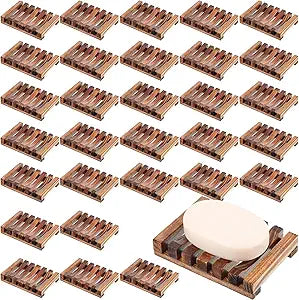 Skylety 30 Pieces Wooden Shower Soap Dish Bulk Soap Holder Savers Draining Tray Case Stand for Bathroom Kitchen Travel Sponge Shampoo Sink, 4.5 x 3.1 x 0.9 Inches (Brown Color)