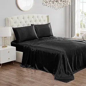 Juicy Couture Queen Size Satin Bed Sheet Set, Deep Pocket Silky Queen Sheet Set with 1 Fitted Sheet, 1 Flat Sheet and 2 Pillow Case, Wrinkle Resistant and Anti Pilling Bed Sheets - Black