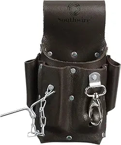 Southwire POUCH4 Leather Tool Pouch; 5 Pocket Pouch with Electrical Tape Chain; Fade Resistant; Durable Compartments; Washer Rivets; Includes Metal Tool Clip; Dark Brown