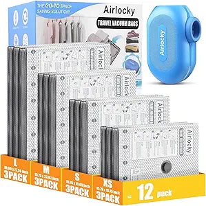 Travel Vacuum Storage Bags with Pump, 12 Pack Carry-on Compression Packing Bags + Portable Electric Pump, 80% Space Saver of Clothes, Vacuum Seal Bags for Clothing Travel Luggage