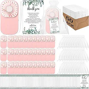 Woanger 50 Set Wedding Mini Handheld Fans Bulk Wedding Favors for Guests Small Personal Portable Fans for Eyelash Makeup Individually Boxed for Summer Travel Engagement Bridal Shower Favors (Pink)