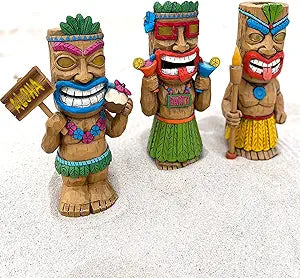 Darware Solar Garden Tiki Statues (Set of 3); Solar-Powered Hawaiian Luau Party, Pool Tiki Bar and Garden Decor