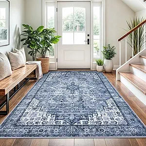 SIILOOM 4x6 Washable Rug for Entrance, Blue Soft Printed Area Rug, Non-Slip Kitchen Rugs, Low-Pile Medallion Indoor Door Mat, Small Farmhouse Carpet for Entryway Kitchen Foyer Bedside