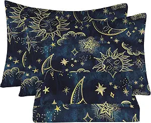 Celestial Sheet Set Full, Gold Sun Moon Bedding for Teens Girls, 4pc
