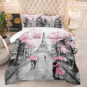kxry Pink Paris Eiffel Tower Comforter Set Twin Size French Style Couple Lover Flower Bedding Sets for Girls Women Kids Quilted Duvet 1 Comforter + 1 Pillow Case