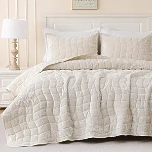 DOWNCOOL Velvet Quilt Set King Size, 3 Pieces Soft Lightweight Quilted Velvet Bedspread Coverlet Bedding with 2 Pillow Shams for All Season, Cream White