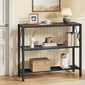 Hoctieon Industrial Console Table, 3-Tier Entryway Tables, Metal Frame, Sofa Table with Shelf, Hallway Tables, Entrance Desk for Entryway, Living Room, Foyer, Hallway, Rustic Brown&Black