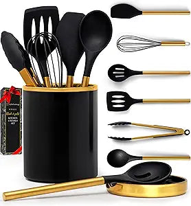 STYLED SETTINGS Black and Gold Kitchen Utensils Set 8 Piece Silicone Cooking Utensils with Gold Handles, Black Ceramic Utensil Holder & Spoon Rest Heat Resistant, Nonstick Safe, Sleek Storage