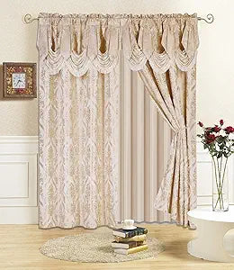 All American Collection New 4 Piece Drape Set with Attached Valance and Sheer with 2 Tie Backs Included (84" Length, Beige)