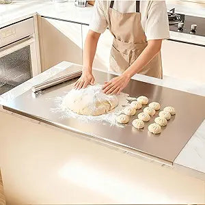 tonchean Extra Large 304 Stainless Steel Chopping Board with Lip, 35.4x 22.8Steel Cutting Board with Rolling Pin, Metal Noodle Board Pastry Board Kneading Dough Board for Kitchen Restaurant