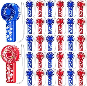 Tuanse 30 Pcs 4th of July Mini Portable Fans Red White Blue Patriotic Handheld Fans with Lanyard Bulk for Summer Independence Day Party Favors, Battery Not Include