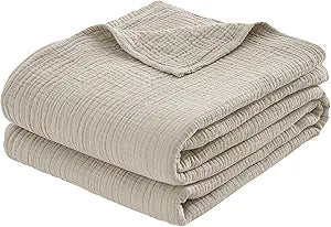 100% Cotton Muslin Throw XL Blanket (50" x 70") A Luxuriously Soft, 4-Layer Lightweight and Breathable Gauze Blanket, Perfect for Year-Round use on beds, couches (Khaki, Throw XL)