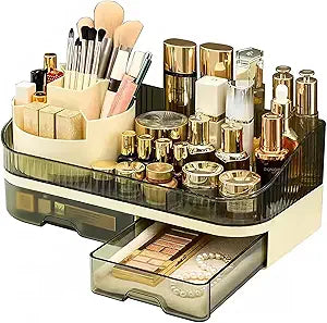 Makeup Organizer Countertop with Dual Drawers, Large Capacity Cosmetic Storage for Vanity Bathroom Skincare, 360 Rotating Makeup Brush Holder