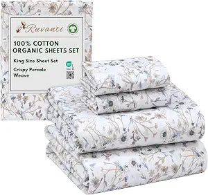 RUVANTI 100% Cotton Organic Percale Sheets King Size Crisp Cooling Bed Sheets for Hot Sleepers, Deep Pocket 15, Soft Peach Finish, Breathable & Durable Hotel-Style 4 Pcs, Tranquil