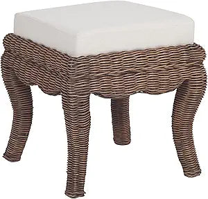 JONATHAN Y Rowan Woven Rattan Vanity Stool with White Cushion, 18.5" Coastal Backless Makeup Chair for Bedroom & Bathroom, Black Wash Mango Wood Wicker Ottoman Footrest VSL1000B