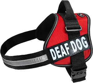 Doggie Stylz Dog Harness with Removable Patches and Reflective Trim. Dog Vest Comes with 2 Deaf Dog Reflective Hook and Loop Patches. Measure Dogs Girth Before Purchase (Girth 19" - 25" Red)