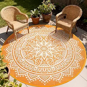 Round Outdoor Rugs Waterproof 8Ft, Outside Reversible Mats, Portable Plastic Straw Rug, Lightweight RV Camping Mat Floor Carpets for Deck Porch Picnic Patio Beach Garden, Orange/White