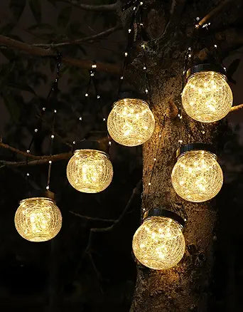 Solar Lanterns Solar Lights Outdoor Waterproof 6-Pack, Solar Powered Hanging Lights Cracked Glass Hanging Globes for Christmas Decoration, Shepherd Hook, Garden Tree Ornaments