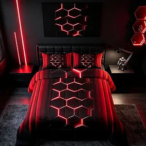 Feelyou Abstract Ombre Comforter Set Full Size Honeycomb Bedding Set Decor Red and Black Geometric Comforter Room Decor Modern Fashion Quilt Set 3Pcs with 2 Pillowcases