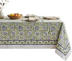 ATOSII Amara 100% Cotton Fall Tablecloth, Handblock Floral Print Rectangle Linen for Kitchen Dining I Parties Wedding Christmas Outdoors Easter I Spring Summer 72 X 140 Inches I 12 Seater