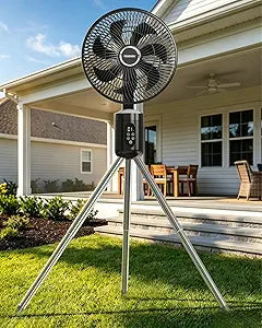 Outdoor Fans for Patios,Cordless Outdoor Fan with Light and Remote,Pedestal to Tabletop & Hanging,Battery Operated Rechargeable Fan,12" Oscillating Fan For Quiet,8 Speeds,Timer,Gazebo,Deck,Porch,Black