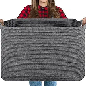 OIASKET 118L Extra Large Blanket Basket, 24.8"x17.7"x16.2" Woven Rope Baskets for Storage, Nursery Blanket Storage for Living Room, Toy Basket with Handle Organizing Comforter Cushions Pillows, Grey