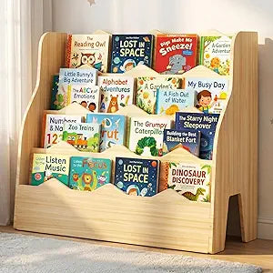 4 Tier Montessori Kids Bookshelf, Wooden Front Facing Book Shelf for Kids Room, 31.5" W x 23.6" H Toddler Bookcase for Picture Books, Nursery Storage Organizer for Bedroom Playroom Classroom