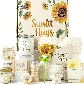 Get Well Gifts for Women, Sunflower Care Package with Blanket | Includes flannel blanket, 12oz mug, fuzzy socks, candle, bath fizzer, bath salts, cards, and crochet sunflower.