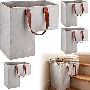 Gisafai 4 Pack Stair Baskets with Handles, 16" L x 10" W x 16" H Foldable Staircase Basket for Carpeted & Wooden Stair, Stairstep Storage Organizer for Home Office Clothes Books Tools