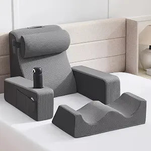 Reading Pillow for Bed, Back Pillow for Bed Sitting Up, Bed Pillows for Sitting Up with Adjustable Armrests, Cup Holder & Large Pocket, Backrest Cushion for Reading, Watching TV & Playing Games
