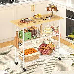 Kitchen Island with 3 Shelves, Rolling Kitchen Cart with 6 Hooks and Protective Shelf, Microwave Stand on Lockable Wheels, Bakers Rack Coffee Bar for Dining, Living Room, Outdoor, Metal Frame, White