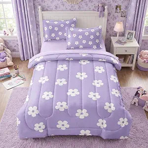 Twin Bedding Set for Girls Lavender Daisy Kids Comforter Set for Teens Purple Bed in a Bag Floral Microfiber Bed Sheet Sets