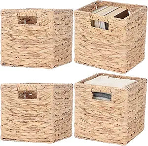 4 Pcs 9 Inch Wicker Cubes Storage Bins - Woven Water Hyacinth Storage Baskets, Foldable Bins with Handles, Collapsible Square Containers for Shelves, Closets, 8.78.78.7"