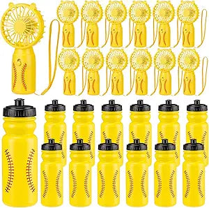 Potchen 24 Pcs Softball Water Bottles & Mini Portable Fan Set 20 oz Reusable Squeeze Bottles Bulk Handheld Fans Softball Party Favors for Team Gifts Sport Goodie Bag Stuffers Accessories