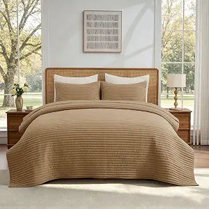 DOWN HOME Lightweight Microfiber Quilt Set Twin Size ��� Pre-Washed Bedding with Stripe Stitching, All-Season Soft Thin Comforter ��� Includes 1 Quilt & 1 Pillow Sham, Bark Brown, 66"x92"