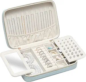 Genuine Leather Travel Jewelry Organizer Case Box with Mirror for Women, Small Mini Portable Jewelry Box for Ring Earrings Necklace Bracelet Luxury Gift for WomenLight Blue