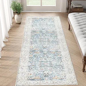 jinchan Runner Rug 2x5 - Hallway Rug Kitchen Washable Runner Vintage Floral Boho Lightweight Thin Non-Slip Retro Distressed Carpet for Entryway Bathroom Bedroom Laundry Room Light Blue