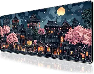 Japanese Anime Cherry Blossom & Night Scene Desk Mat - Non-Slip XL/XXL Gaming Mouse Pad with Rubber Base, Durable Computer Accessory for Home Office, Gift for Gamers