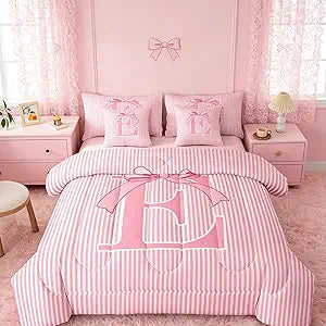 Feelyou Girls Pink Bow Comforter Set with Sheets 7 Piece Twin Size Dreamy Geometric Bow Bedding Set for Kids Boys Girls Personalized Letter E Bed in a Bag Room Decor Soft Microfiber