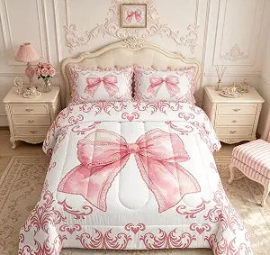 jejeloiu Pretty Ribbon Pink Bow Bedding Set Twin Size for Kids Women