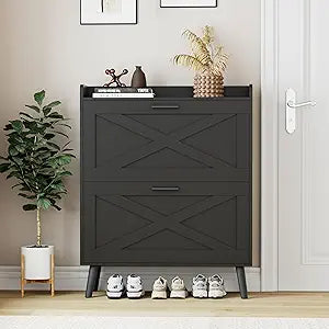 Homleke 32" W Farmhouse Shoe Storage Cabinet with 2 Flip Drawers and Barn Door Design, Adjustable Shelves, Modern Hidden Slim Narrow Shoe Rack Cabinet for Entryway, Foyer, Hallway, Living Room, Black